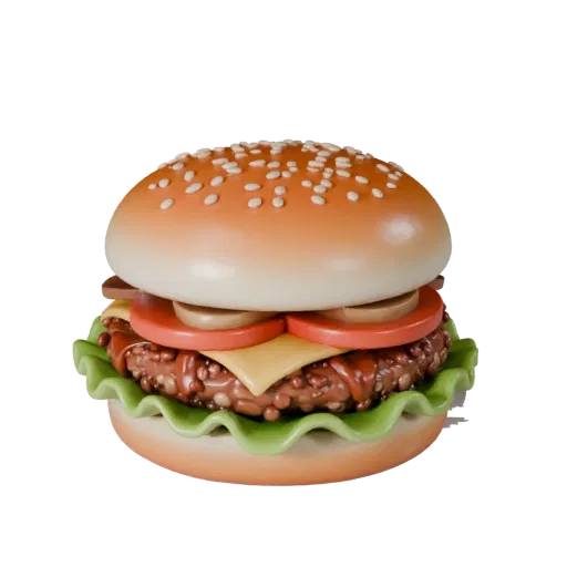 Gourmet Burger Mahlzeit Hochauflösendes 3D-Modell, Nahaufnahme Studio-Rendering, zeigt Saucen, angerichtete Komposition.