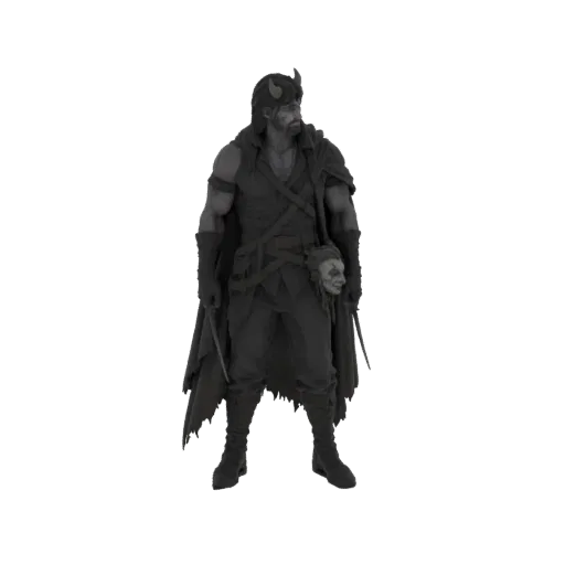 3D model of a dark fantasy warrior with horns, a tattered cape, and a trophy head hanging from his belt, holding two daggers.