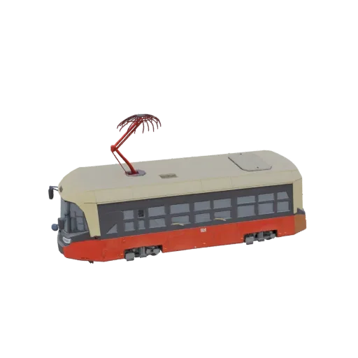 3D-Modell einer modernen Straßenbahn mit rot-cremefarbener Außenseite und Stromabnehmer auf dem Dach.