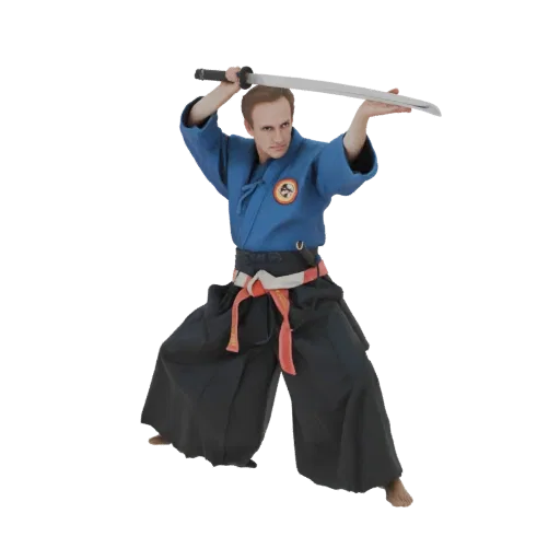 3D model of a male martial artist in a blue gi and hakama, holding a katana above his head in a fighting stance.