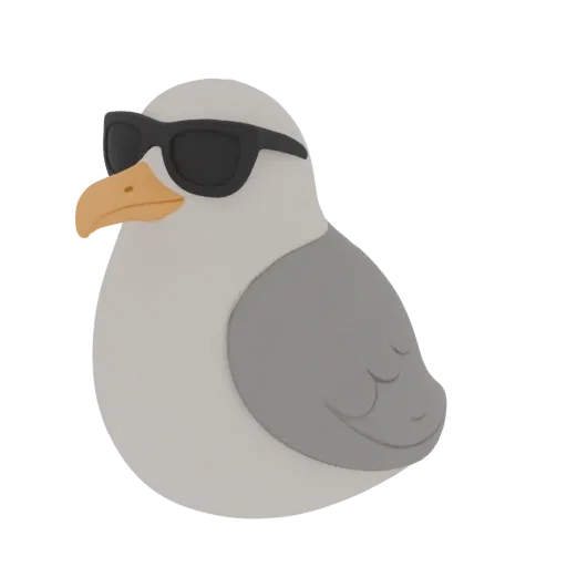 A 3D render of a cartoonish seagull wearing black sunglasses, with a white body, grey wings, and an orange beak.