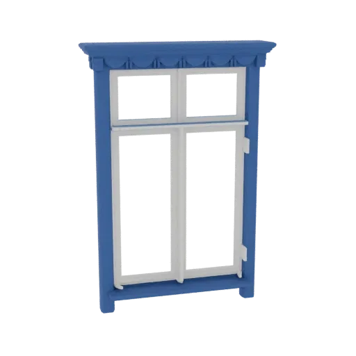 3D model of an ornate blue window frame with white panes and decorative trim