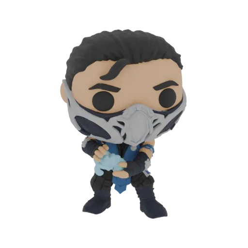 Modelo 3D del personaje Funko Pop Sub Zero de Mortal Kombat, sosteniendo un proyectil de hielo.