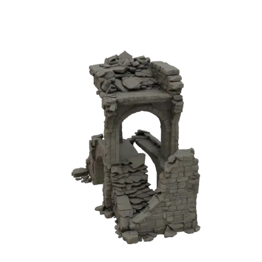 Broken Bridge Ruin Printable 3D model, isometric tabletop STL render, showing aged stone, rock faces.