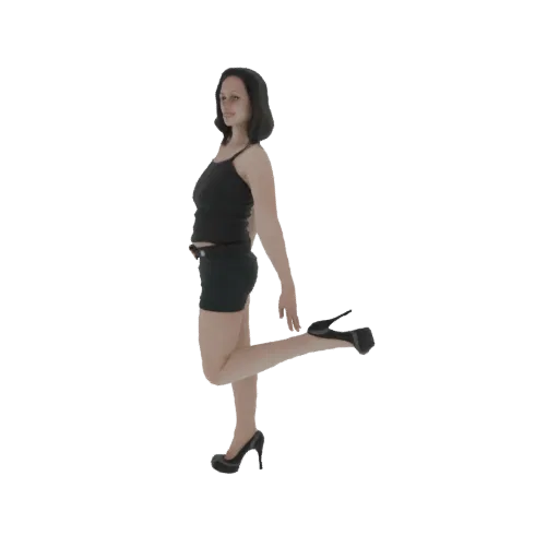 Modello 3D di donna con canotta nera e pantaloncini, in posa con una gamba piegata.