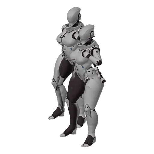 3D model of a futuristic female android with white and dark grey armor, featuring dual cannons on its arms, posed against a b