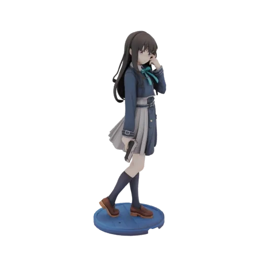 3D model of an anime girl in a blue school uniform holding a handgun, standing on a blue base.