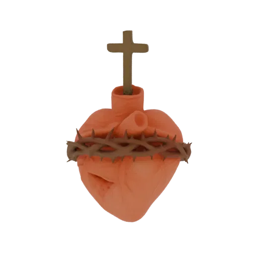 3D model of the Sacred Heart of Jesus, depicted as a realistic heart with a crown of thorns and a small cross on top, against