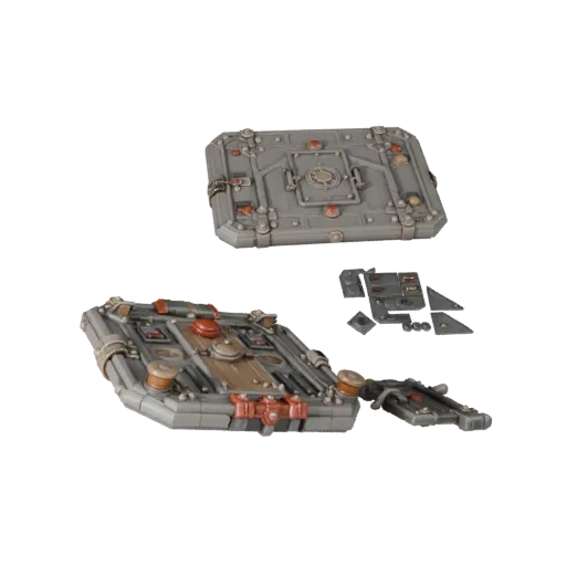 Dungeon Pressure Plate 3D model, three-quarter front view, Unreal Engine viewport, showing metal hinges, form detail.