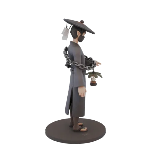 3D model of an elf in a mask with a chain and lantern, standing on a platform