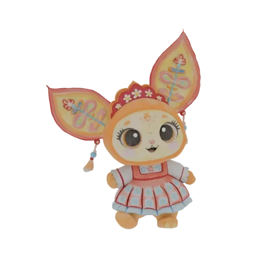A 3D render of a cute orange fox character wearing a traditional Russian outfit, featuring large ears, a floral headdress, an