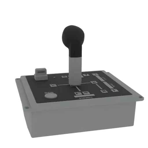 3D model of a gray and black industrial control lever with a digital display and buttons on a dark background.