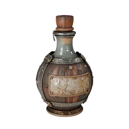 Royal Potion Bottle Realistic 3D model, three-quarter studio render, showing aged wood, clear pickup silhouette.