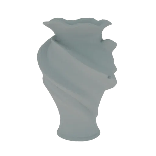 Modèle 3D de vase élégant aux formes torsadées fluides et détails asymétriques, en couleur gris clair.