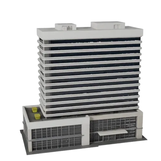 Commercial Office Complex realistic 3D model, three-quarter exterior view, showing commercial office building materials and architectural detail