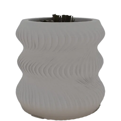 A 3D render of a light gray planter pot with a distinctive, flowing textured swirl pattern covering its surface.