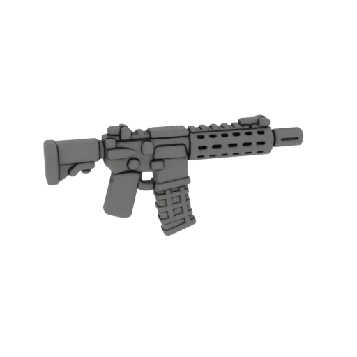 3D model of a modern assault rifle with a tactical design, featuring a modular handguard and extended magazine, rendered in g
