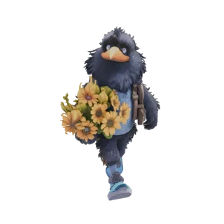 3D model of a fluffy anthropomorphic crow character with blue eyes, wearing a blue tunic and carrying a bouquet of yellow sun