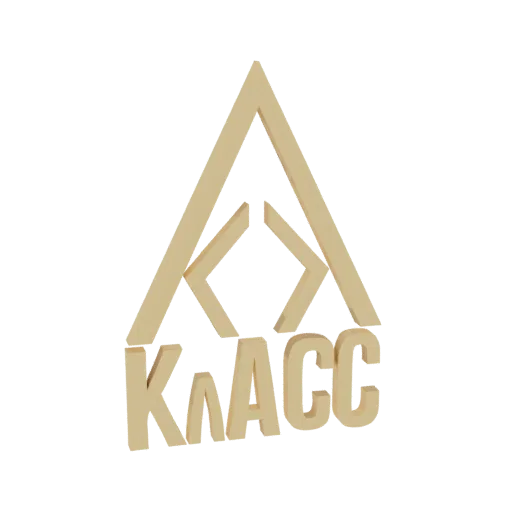 Modelo 3D del logo 'Klass', con marco triangular y letras audaces, renderizado en material similar a madera clara sobre fondo