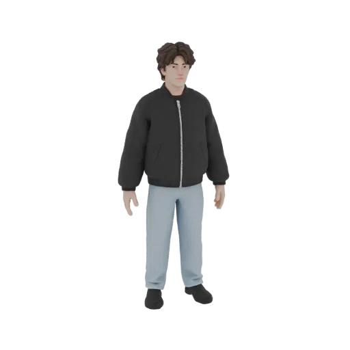 3D model of a young man with brown hair, wearing a black bomber jacket and light blue pants, standing casually.