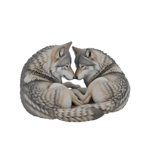 3D model of two grey wolves curled together in a Yin Yang symbol shape, with detailed fur.