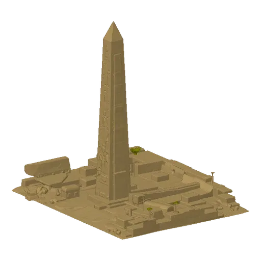 3D model of an ancient Egyptian obelisk with hieroglyphs, standing on ruins.