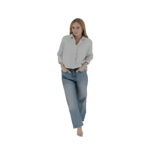 3D model of a woman with blonde hair, wearing a light blue shirt and blue jeans, standing with hands in pockets.