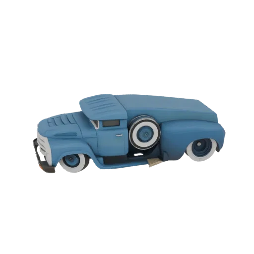 3D model of a stylized blue vintage custom pickup truck with a low-rider stance and whitewall tires, viewed from the side.