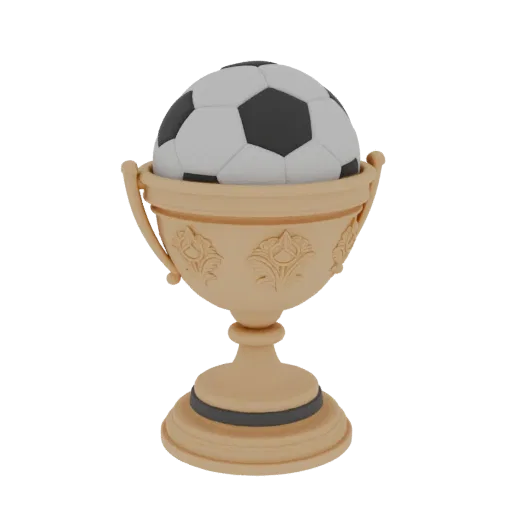 3D model of a golden football cup with a football on top, on a black background