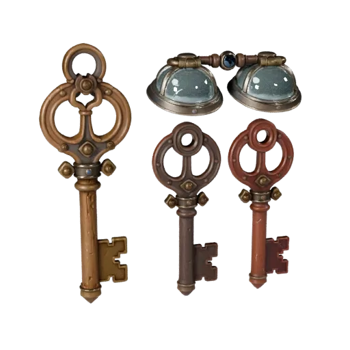 Fantasy Loot Key 3D model, three-quarter front view, Unreal Engine viewport, showing aged wood, clear pickup silhouette.
