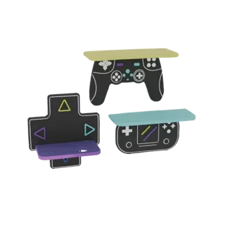 A 3D render of three shelves shaped like video game controllers and a D-pad, with yellow, light blue, and purple tops, agains