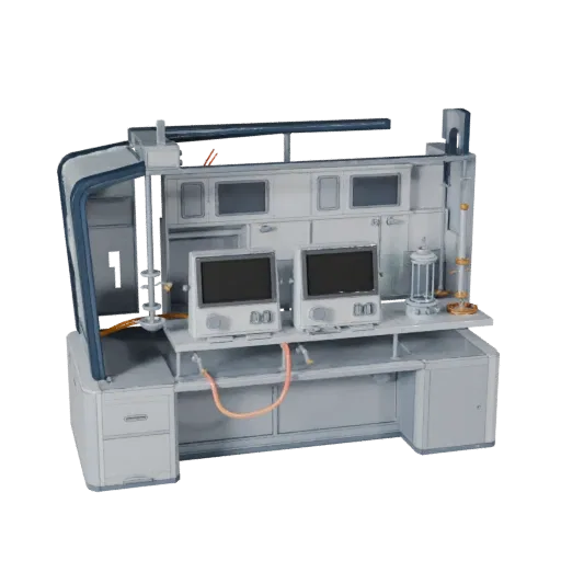 Clean Room Reactor Core 3D model, three-quarter front view, Unity viewport, showing clean metal, bench-top devices.