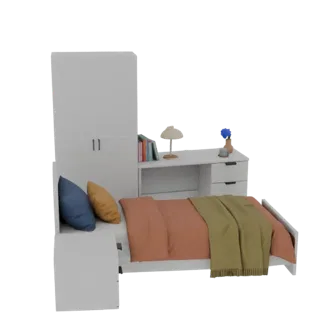 3D model of a modern bedroom set with a bed, desk, lamp, books, and wardrobe.