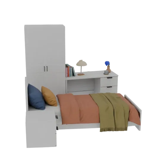 3D model of a modern bedroom set with a bed, desk, lamp, books, and wardrobe.