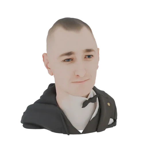 Renderização 3D do busto de um homem usando smoking preto com camisa branca e gravata borboleta preta, olhando ligeiramente p