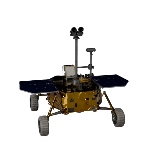 Prospector Lunar Lander Realistic 3D model, three-quarter studio render, showing dusty wheels, vehicle stance.