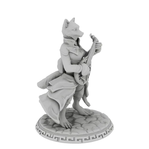 Modelo 3D de um bardo raposa antropomórfico tocando um alaúde, em pé sobre uma base com padrão de pedra e acabamento decorati