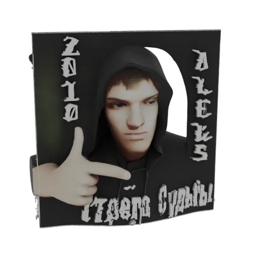 3D model of a hooded figure with a black hoodie, pointing finger, and stylized text elements.