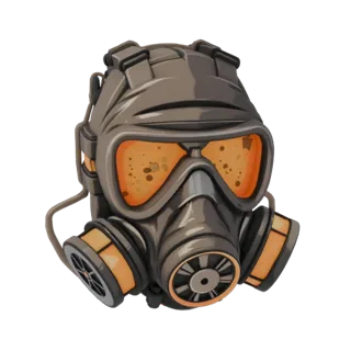 3D model of a gritty gas mask with orange, speckled lenses and side filtration canisters, presented on a white background.