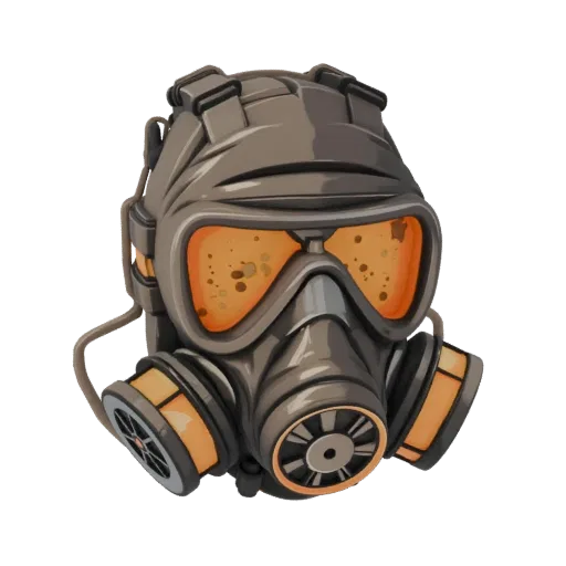 3D model of a gritty gas mask with orange, speckled lenses and side filtration canisters, presented on a white background.