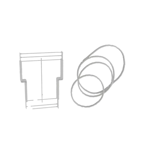 3D model render of a white wireframe cup next to a stack of nested white wireframe rings on a white background.