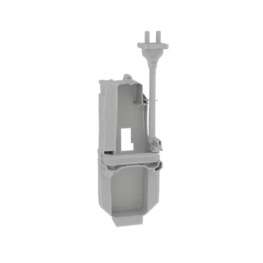A 3D model of a toilet tank mechanism, shown in a neutral gray material against a black background.