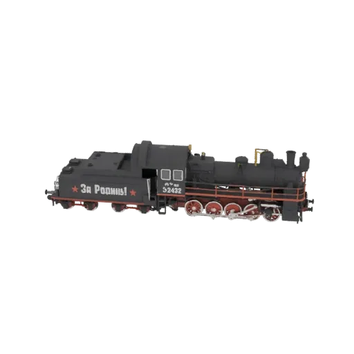3D model of a black Soviet steam locomotive with red accents and 'For the Motherland!' inscription.