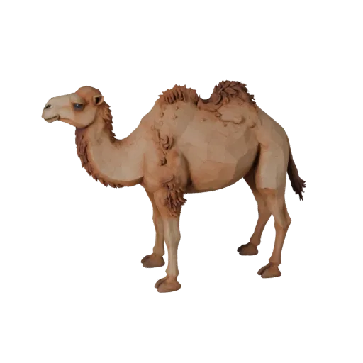Modèle 3D de chameau dromadaire low poly, vue latérale caméra gameplay, asset animal low-poly avec anatomie claire, masse cor