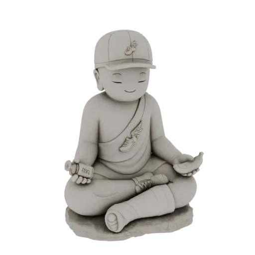 3D model of a meditating monk wearing a baseball cap and athletic gear, holding a fuel bottle and banana.