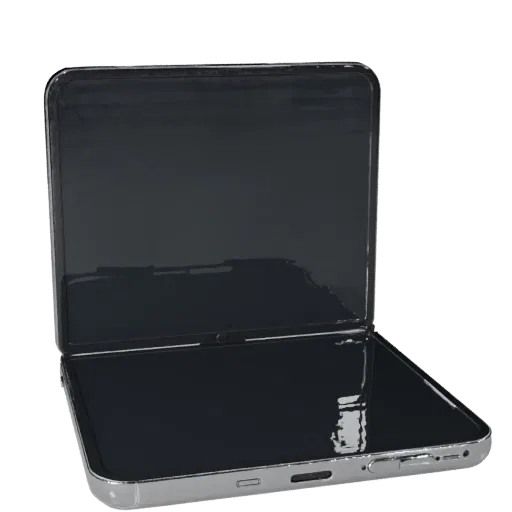 Foldable Gaming Phone 3D model, three-quarter front view, AR viewer studio render, showing glass screens, form detail.