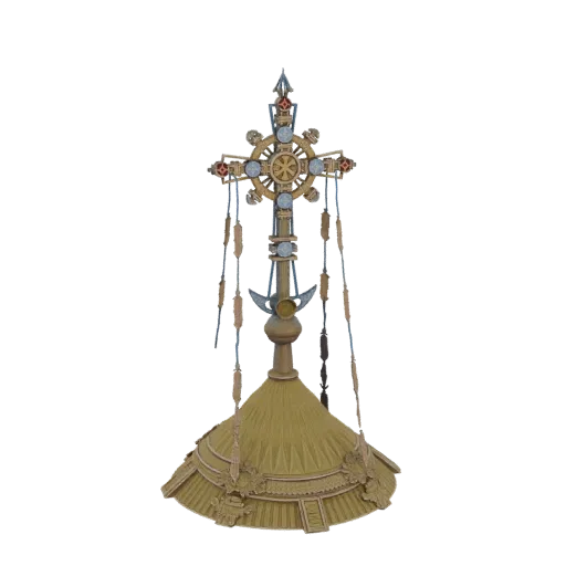 A detailed 3D model of an ornate Ethiopian Orthodox cross with intricate metalwork and hanging tassels, presented on a white