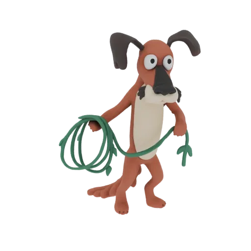 3D model of a cartoon dog with large eyes and a brown body, holding a coiled green hose in its paws, rendered in a clay-like