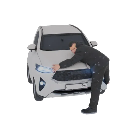 3D model of a man affectionately hugging the hood of a white car, with headlights illuminated.