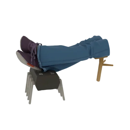 3D model of a robotic spider IC chip acting as a stool, with a person's legs in jeans and sneakers resting on it.